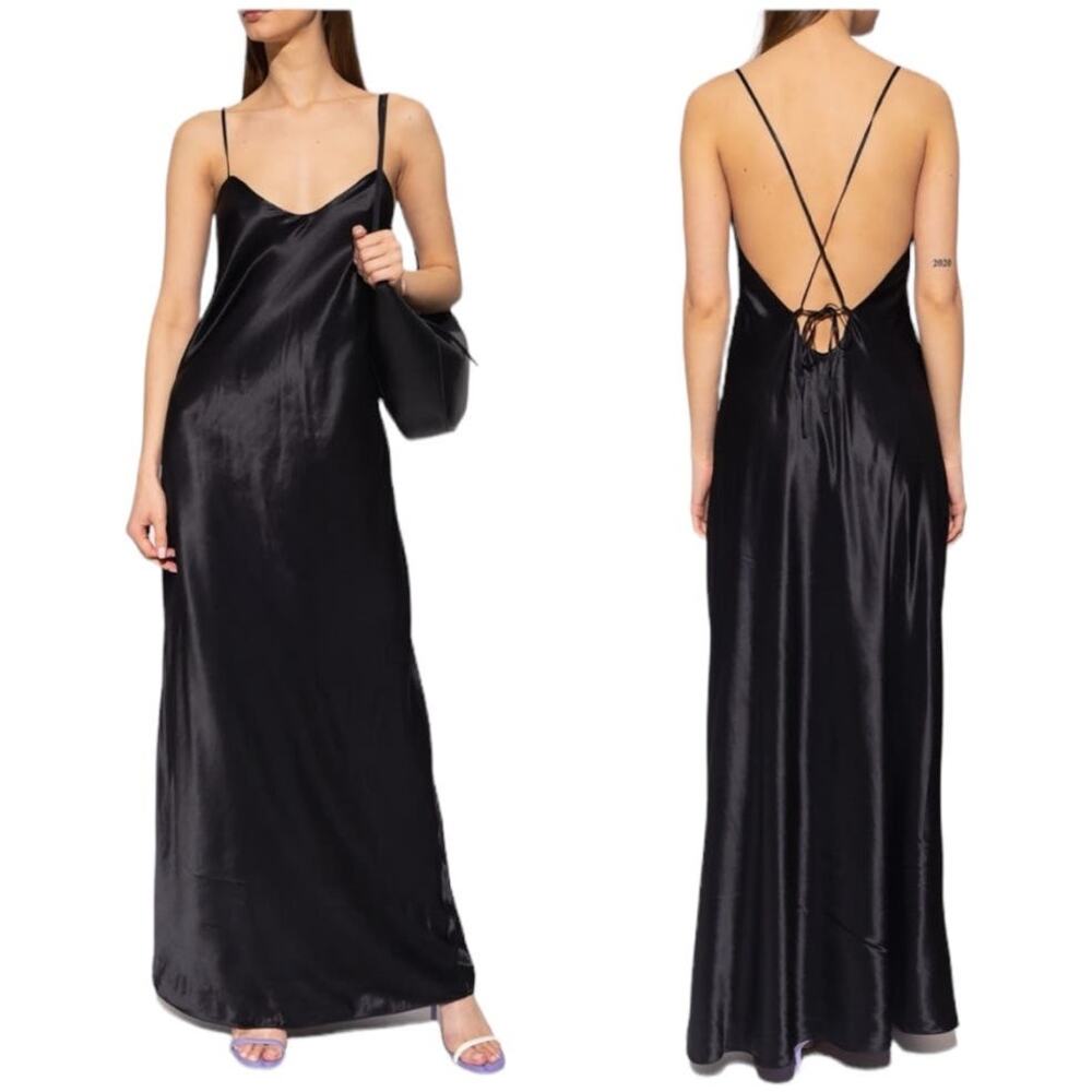 BIRGITTE HERSKIND NWT Timo Slip Dress Maxi Black Size L/10 US Satin Open Back